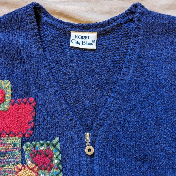 Koret City Blues Knit Vest Zip Front Embellished Patches Embroidery Sweater Vest - Picture 7 of 10